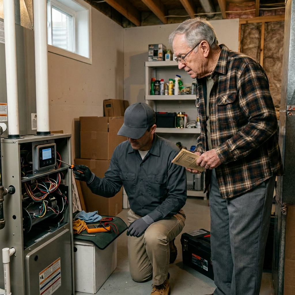Technician kneeling by furnace, discussing with elderly man holding manual